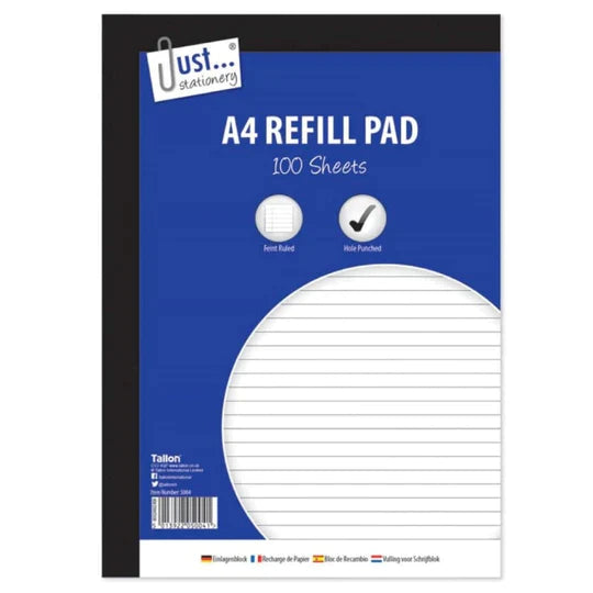 A4 REFILL PAD LINED 100 SHEETS 53GSM SHEET SIDE BOUND - CASE OF 6