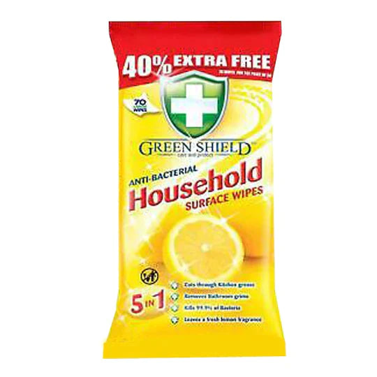 GREEN SHIELD ANTI-BACTERIAL HOUSEHOLD SURFACE WIPES 70 PACK - CASE OF 12